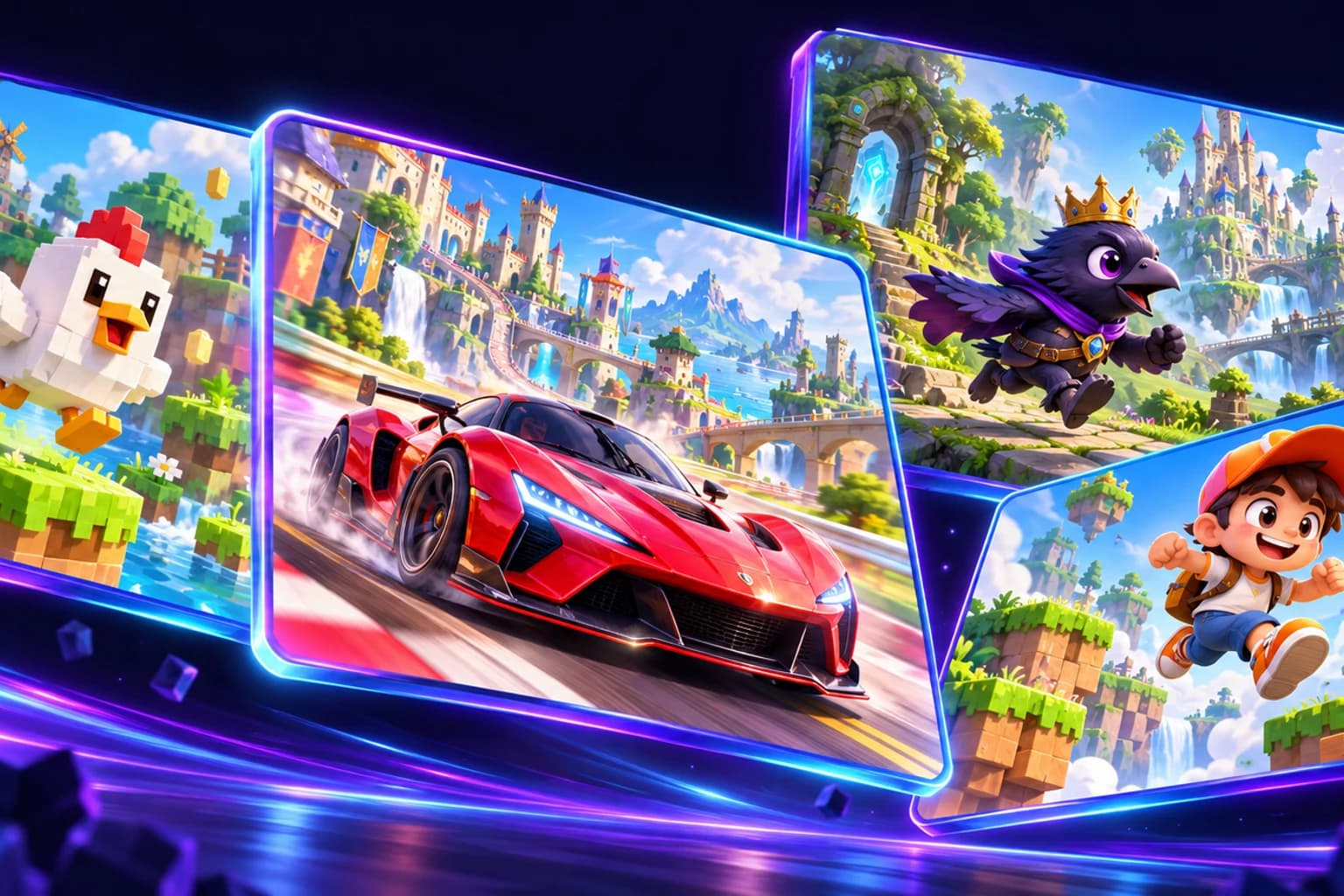 Illustrative browser-game concepts: a voxel chicken, racing car, crow adventure, and platform game